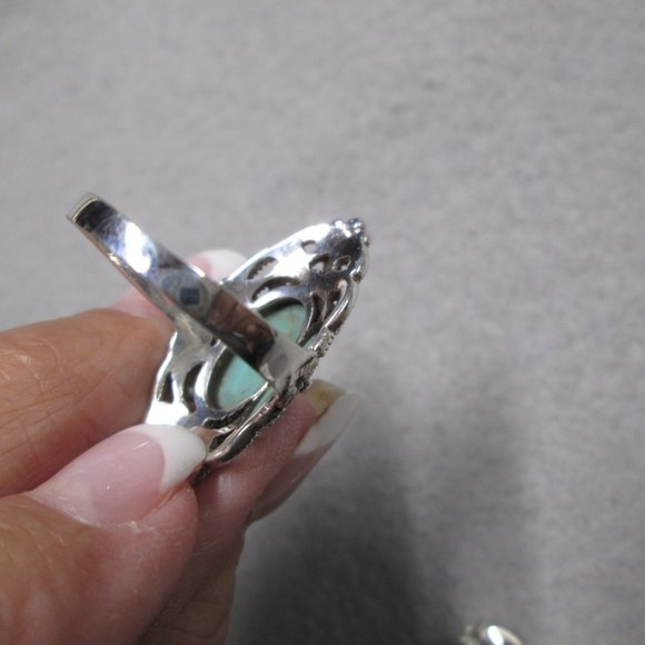 Stunning 925 Sterling Silver TURQUOISE & MARCASITE Filigree Ring>Long & Elegant - Picture 6 of 6